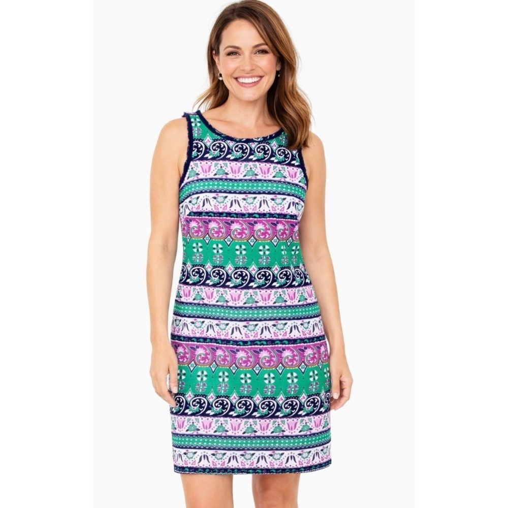 TALBOTS Swirl Print Striped Sleeveless Navy Fringed Sheath Dress Sz. 6